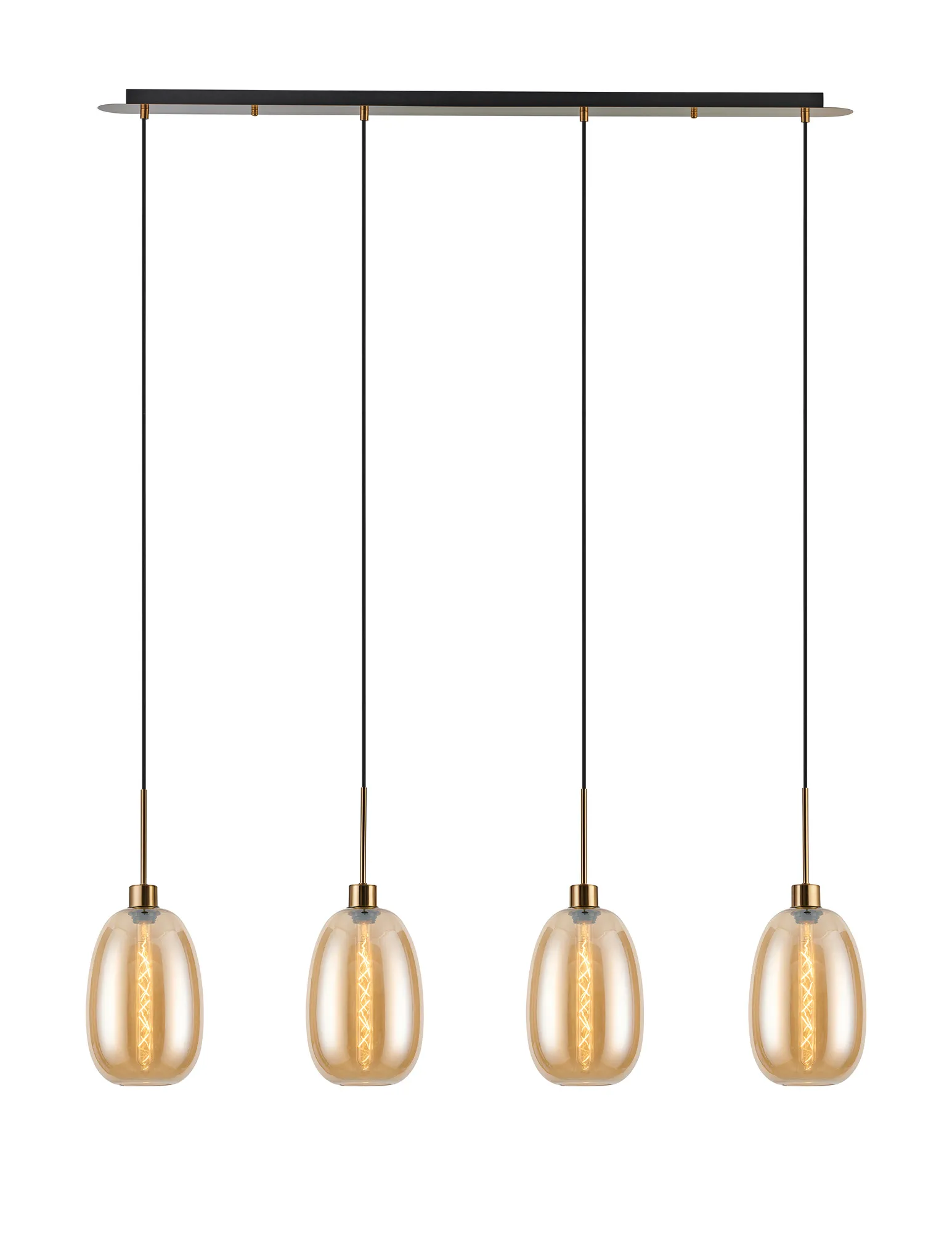 DK1219  Lori Linear Pendant, 4 Light Adjustable E27, Antique Gold/Amber Slim Curved Trapezium Shades